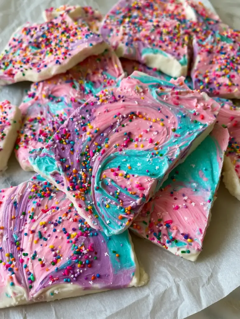 Unicorn Yogurt Bark: A Magical Frozen Greek Yogurt Snack 2 Close-up handheld photo of frozen unicorn yogurt bark with deep marble swirls and rainbow sprinkles.