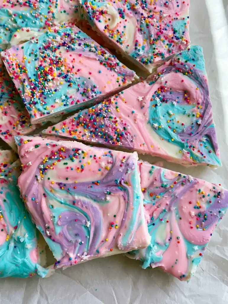 Unicorn Yogurt Bark: A Magical Frozen Greek Yogurt Snack 1 Jagged shards of frozen unicorn yogurt bark on crumpled white parchment paper with tiny white stars.