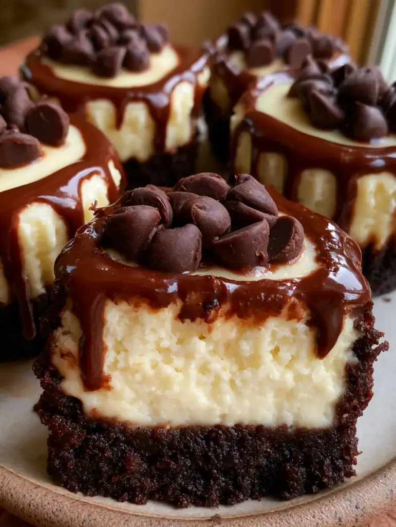 Brownie Bottom Cheesecakes with Glossy Dark Chocolate Ganache 2 Extreme close-up of brownie bottom cheesecakes showing the fudgy dark chocolate base and smooth white cheesecake center.