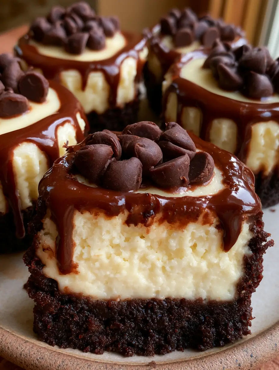 Brownie Bottom Cheesecakes with Glossy Dark Chocolate Ganache 4 Extreme close-up of brownie bottom cheesecakes showing the fudgy dark chocolate base and smooth white cheesecake center.