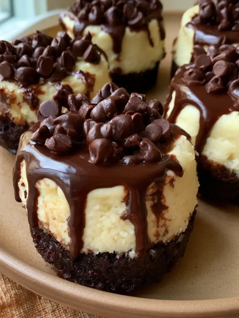 Brownie Bottom Cheesecakes with Glossy Dark Chocolate Ganache 1 Smartphone photo of several mini brownie bottom cheesecake bites arranged on a modern ceramic plate with natural lighting.