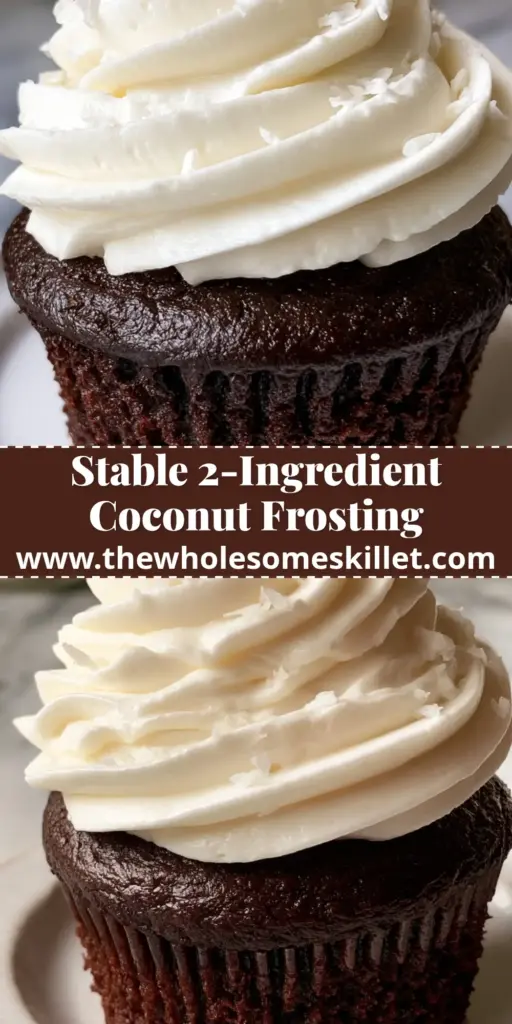 A close-up vertical shot of a dark chocolate cupcake topped with a towering swirl of whipped coconut frosting and shredded coconut flakes.