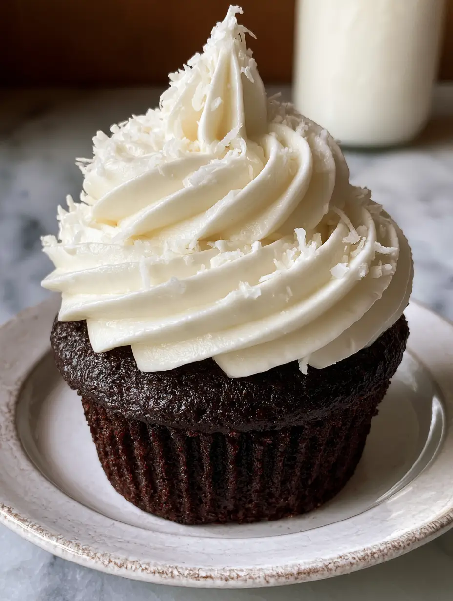 A smartphone photo of a single dark chocolate cupcake with sharp-edged whipped coconut frosting on a marble counter. (whipped coconut frosting)