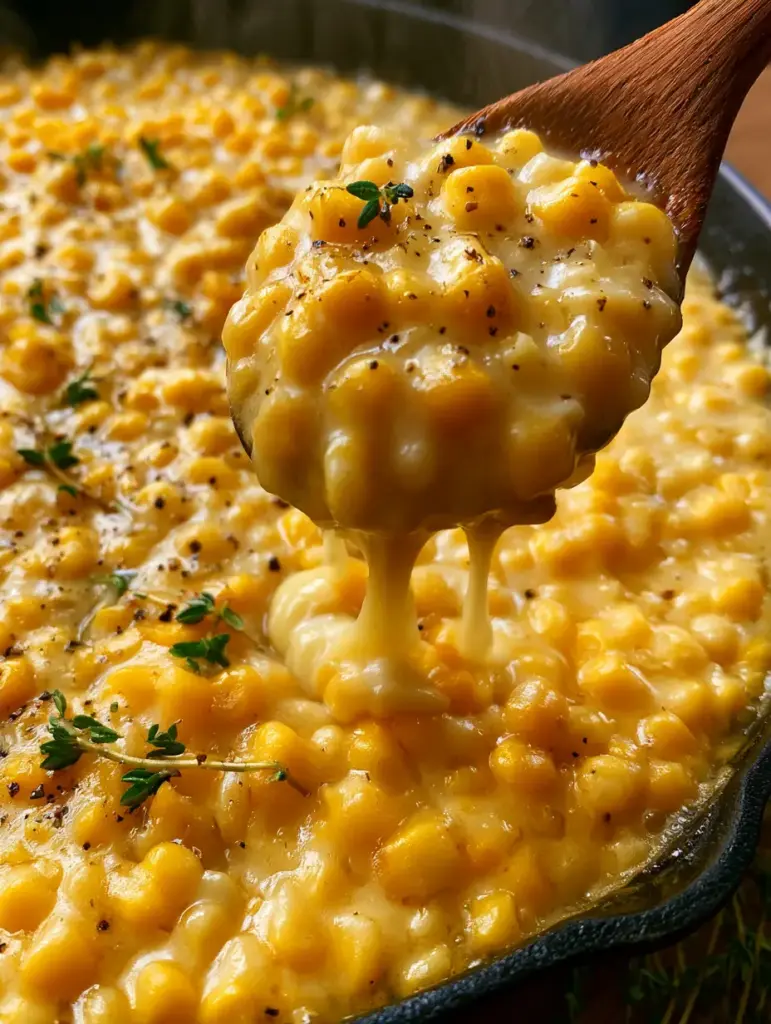 A close-up shot of bubbling honey butter corn in a cast iron skillet with fresh green thyme sprigs and cracked pepper.