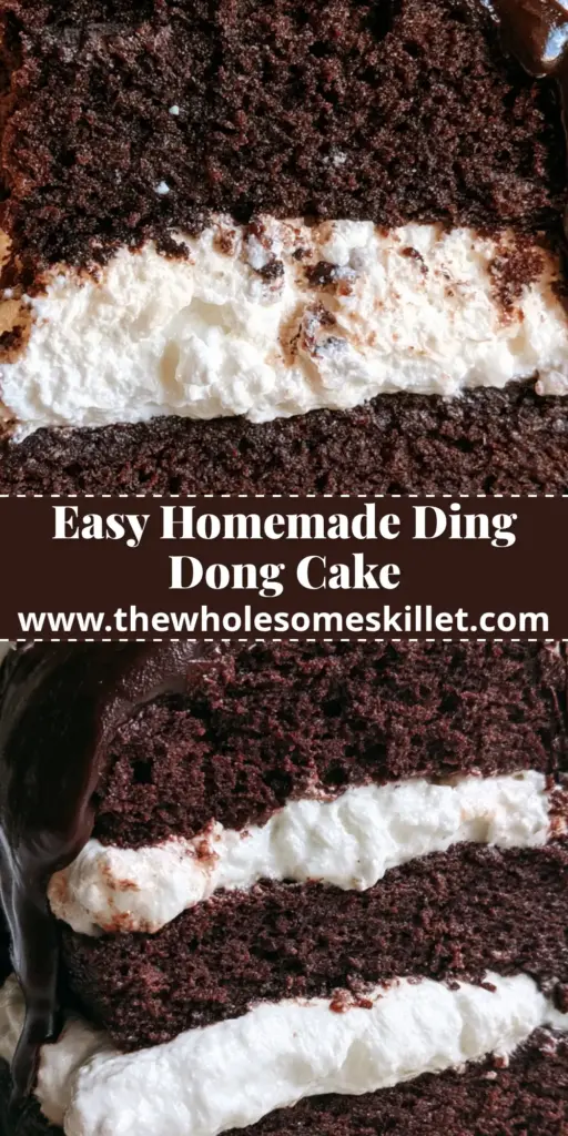 Ding Dong Cake: The Ultimate Moist Chocolate & Marshmallow Layer Cake 4 A massive slice of ding dong cake with glossy chocolate ganache and thick white marshmallow filling on a ceramic plate.