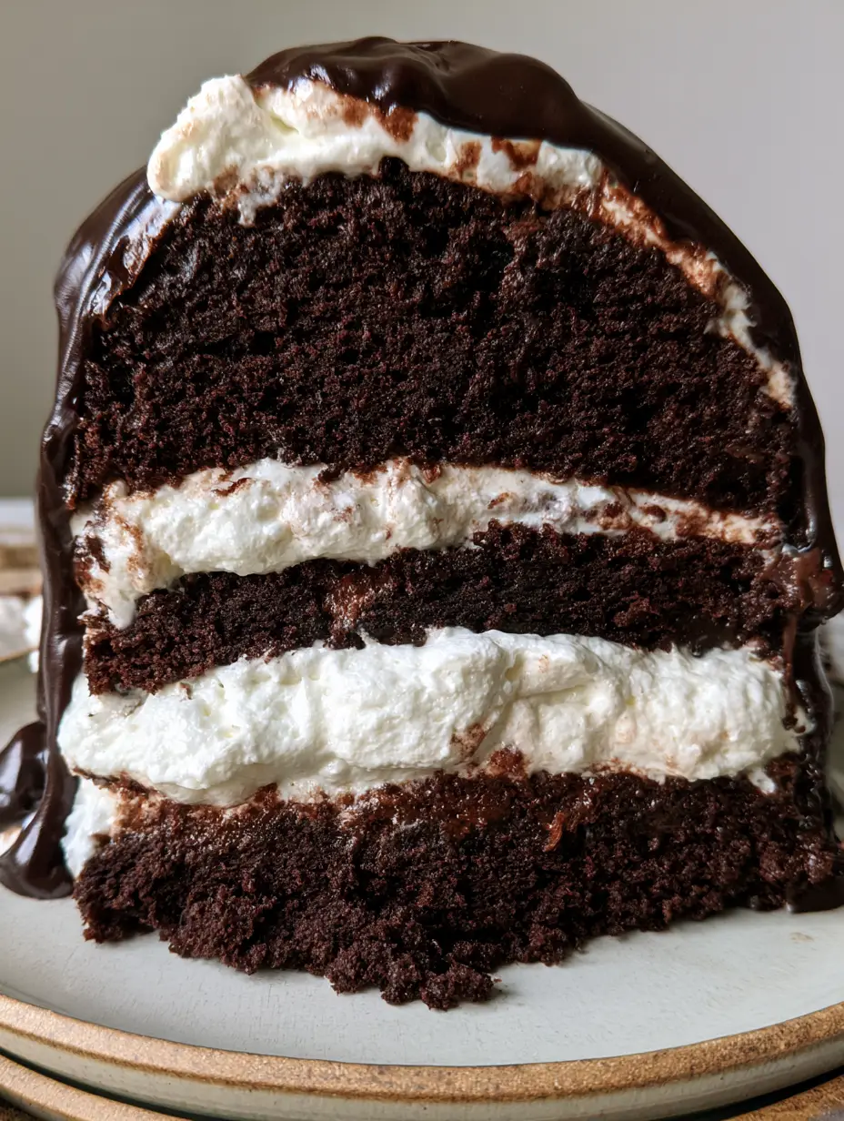 Ding Dong Cake: The Ultimate Moist Chocolate & Marshmallow Layer Cake 3 Extreme close-up side profile of a massive slice of ding dong cake showing the dark cocoa crumb and fluffy white cream.