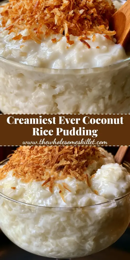 Coconut Rice Pudding: The Ultra-Creamy Tropical Dessert of Your Dreams 4 A glass coupe filled with ultra-creamy coconut rice pudding topped with golden-brown toasted coconut and a mint leaf. (coconut rice pudding)
