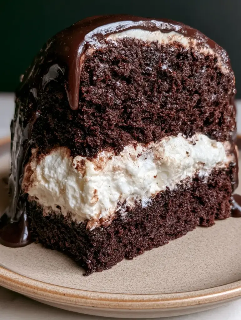 Ding Dong Cake: The Ultimate Moist Chocolate & Marshmallow Layer Cake 1 Side view of chocolate layer cake with marshmallow filling and glossy ganache drips. (ding dong cake)