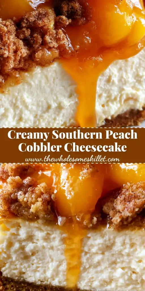 Peach cobbler cheesecake with a brown sugar crumble and amber syrup 4 A thick slice of peach cobbler cheesecake on a rustic plate showing the amber syrup drip and chunky streusel topping.