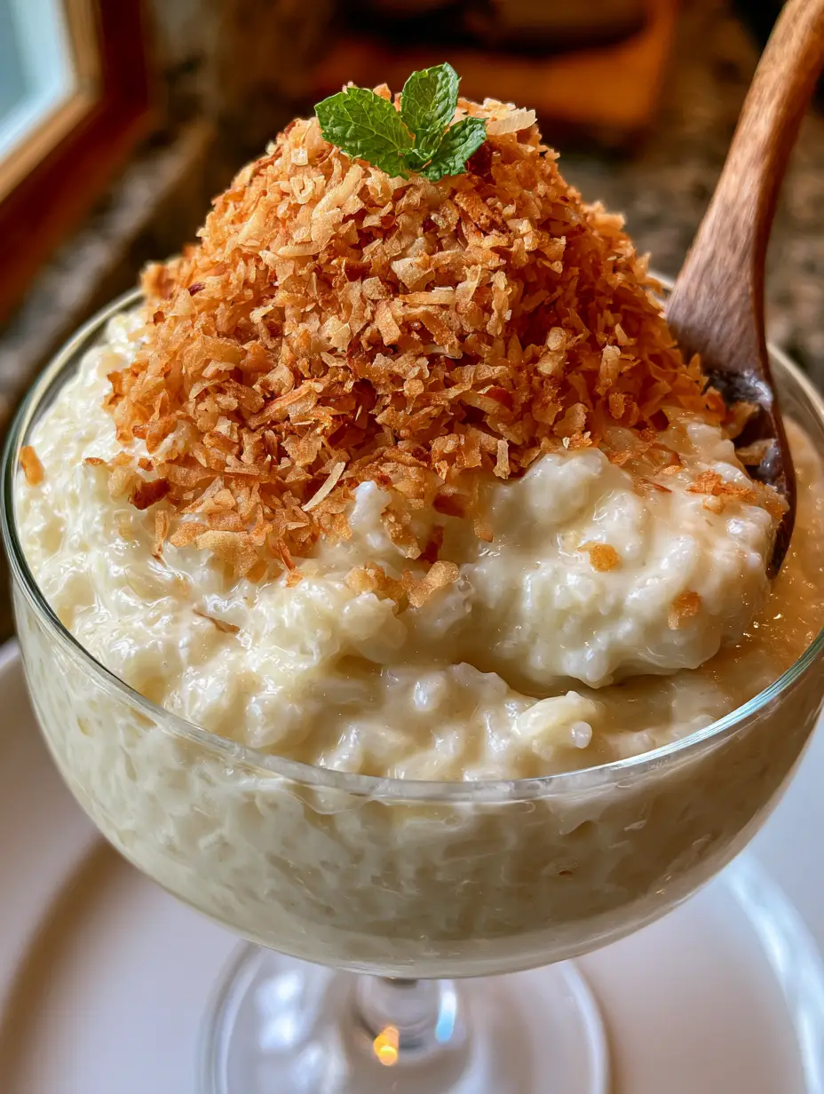 Coconut Rice Pudding: The Ultra-Creamy Tropical Dessert of Your Dreams 3 Close up of a wooden spoon lifting a creamy dollop of coconut rice pudding from a glass bowl. (coconut rice pudding)