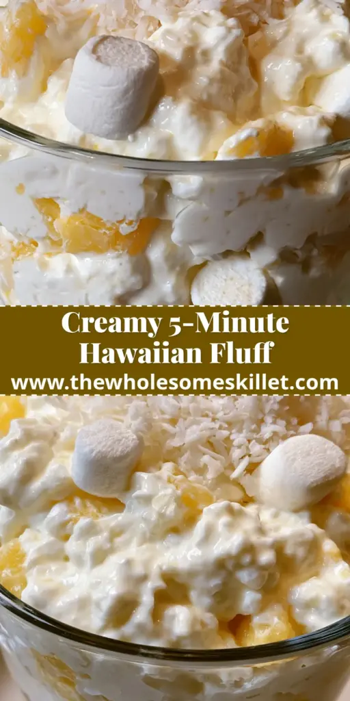 Pineapple Coconut Fluff: The Ultimate Creamy Tropical No-Bake Dessert 3 A tall glass bowl overflowing with creamy pineapple coconut fluff, topped with a mountain of shredded coconut and a cherry.
