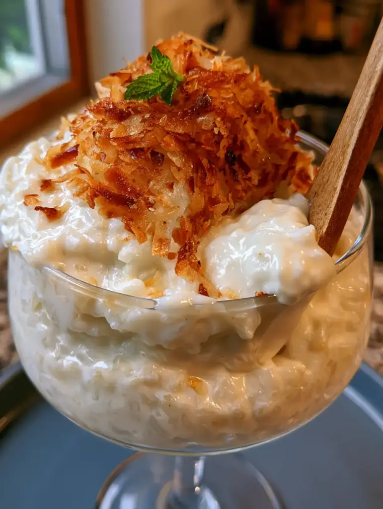 Coconut Rice Pudding: The Ultra-Creamy Tropical Dessert of Your Dreams 1 Two glass coupes of coconut rice pudding on a rustic kitchen counter with natural side lighting.
