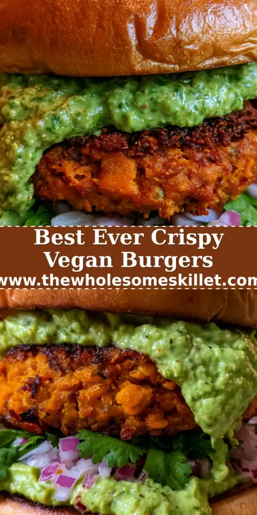 A towering gourmet burger featuring extra crispy sweet potato lentil patties, dripping avocado cilantro crema, and diced red onions on a shiny brioche bun.