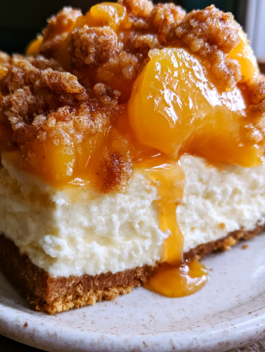 Peach cobbler cheesecake with a brown sugar crumble and amber syrup 3 Extreme close-up side profile of a thick slice of peach cobbler cheesecake with glistening orange glazed peaches.