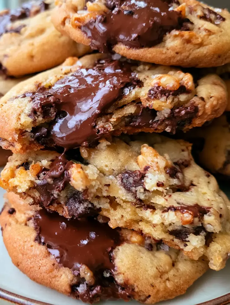 Chocolate Chip Cookies with Brown Butter and Toasted Puffed Rice 2 Extreme close-up of a chocolate chip cookie snapped in half showing a soft doughy center and crispy rice cereal grains. (chocolate chip cookies)