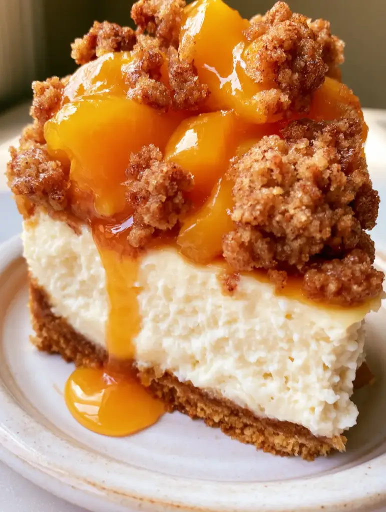 Peach cobbler cheesecake with a brown sugar crumble and amber syrup 1 A close-up view of the amber peach syrup dripping down the side of a snow-white peach cobbler cheesecake.