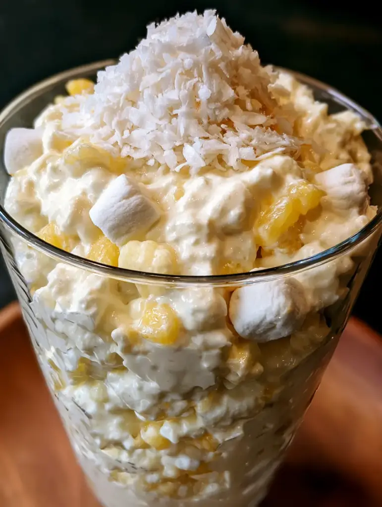 Pineapple Coconut Fluff: The Ultimate Creamy Tropical No-Bake Dessert 2 A smartphone photo of a tall glass dessert bowl filled with white creamy pineapple coconut fluff showing yellow pineapple chunks and marshmallows.