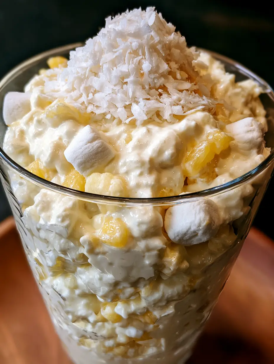 Pineapple Coconut Fluff: The Ultimate Creamy Tropical No-Bake Dessert 4 A smartphone photo of a tall glass dessert bowl filled with white creamy pineapple coconut fluff showing yellow pineapple chunks and marshmallows.