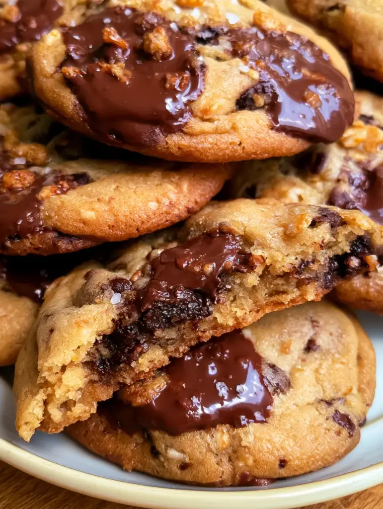 Chocolate Chip Cookies with Brown Butter and Toasted Puffed Rice 1 Top-down view of glistening melted dark chocolate chunks and sea salt flakes on a golden brown cookie. (chocolate chip cookies)