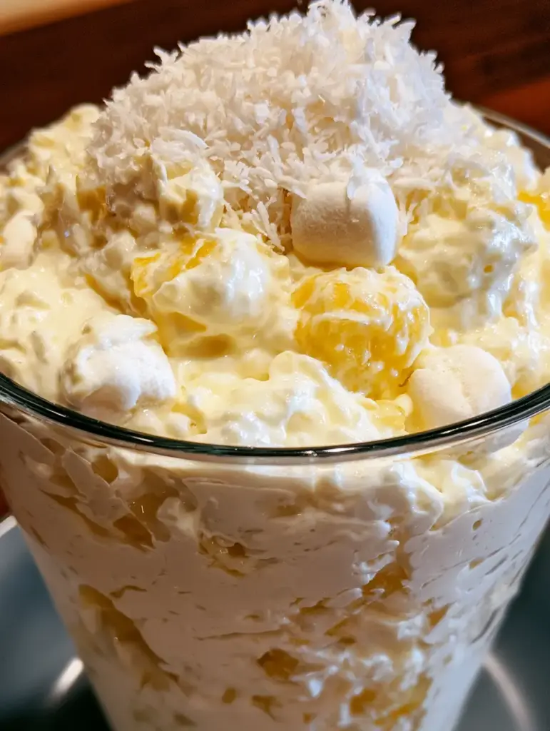 Pineapple Coconut Fluff: The Ultimate Creamy Tropical No-Bake Dessert 1 Overhead view of a glass bowl of pineapple coconut fluff with a heavy coating of shredded coconut under tropical lighting.