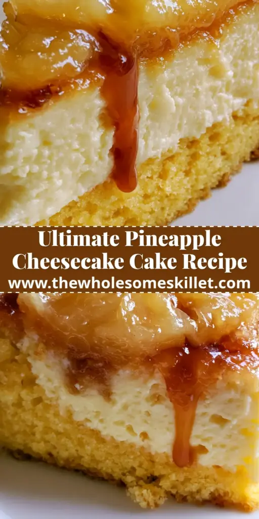 A tall, perfect slice of pineapple upside-down cheesecake on a white plate with three distinct layers and a caramelized pineapple topping.