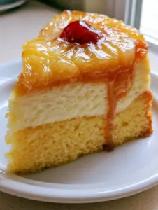 Close-up of a slice of pineapple upside-down cheesecake showing the golden sponge, white cheesecake, and caramelized pineapple layers. (pineapple upside-down cheesecake)