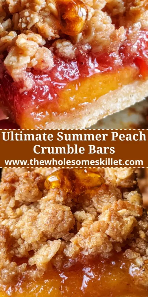 A close up of handheld peach squares with a honey drizzle and golden oat crumble. (peach squares)