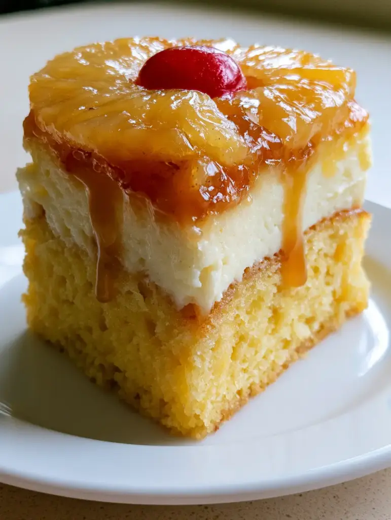 A glossy maraschino cherry centered in a caramelized pineapple ring atop a creamy cheesecake. (pineapple upside-down cheesecake)
