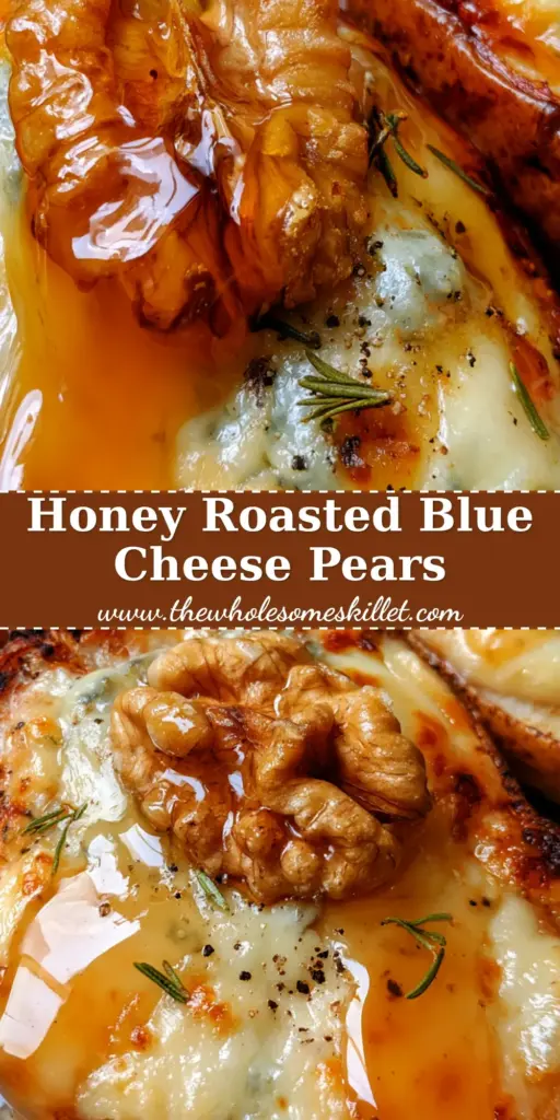 Honey Roasted Pears with Gorgonzola, Walnuts, and Fresh Rosemary 3 A vertical shot of honey roasted pears topped with melted cheese and walnuts, perfectly formatted for Pinterest.