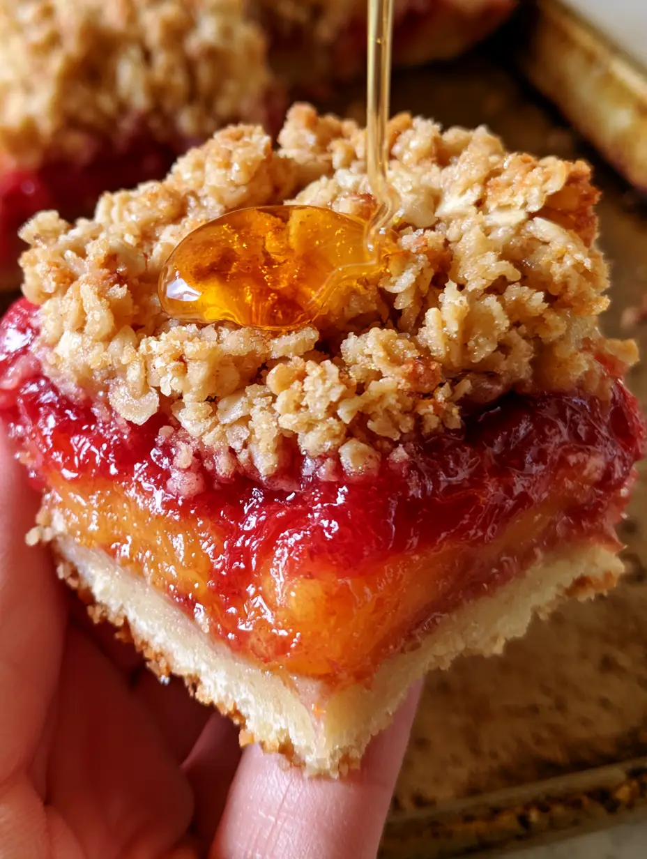 Handheld photo of a thick peach crumble bar over a rustic tray. (peach squares)