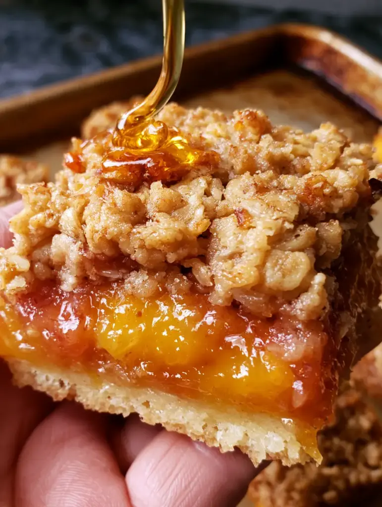 Close up of vibrant jammy peach layer and crispy oat topping. (peach squares)