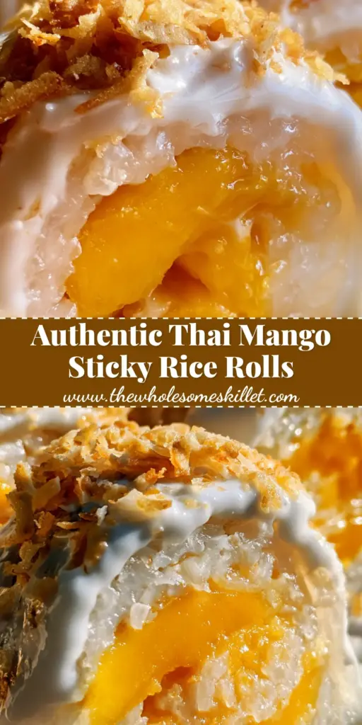 A stack of sliced mango sticky rice rolls topped with thick coconut cream and golden toasted coconut flakes. (mango sticky rice rolls)