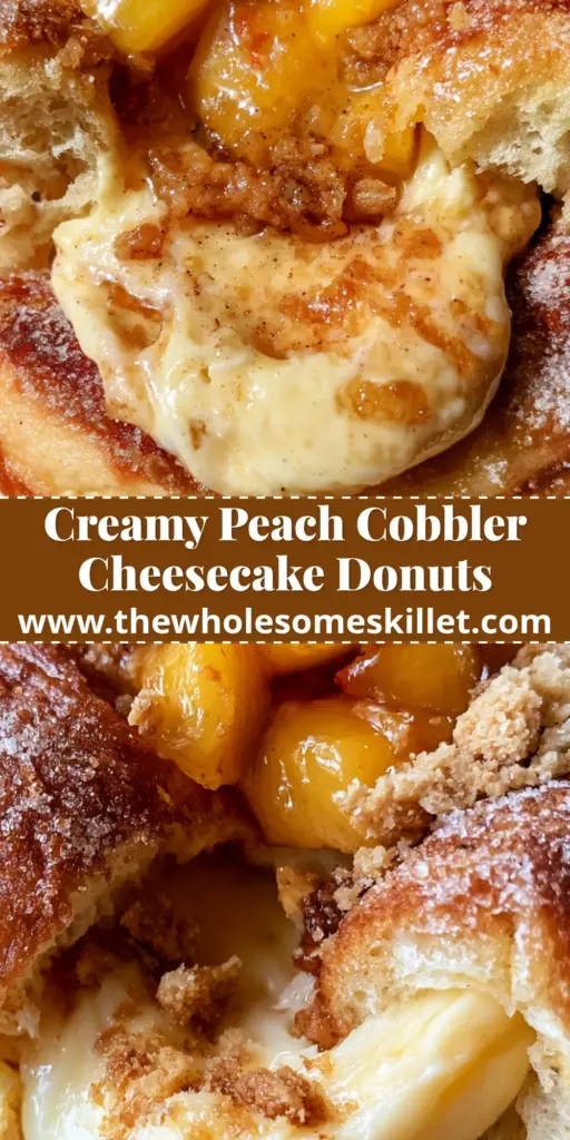Peach Cobbler Cheesecake Donuts: The Ultimate Summer Dessert Fusion 4 A stack of golden-brown peach cobbler cheesecake donuts topped with fresh peaches and graham cracker crumbs.