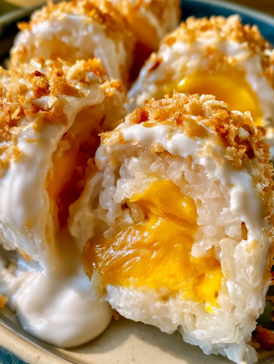 Macro shot of sliced mango sticky rice rolls showing translucent rice and vibrant orange mango. (mango sticky rice rolls)