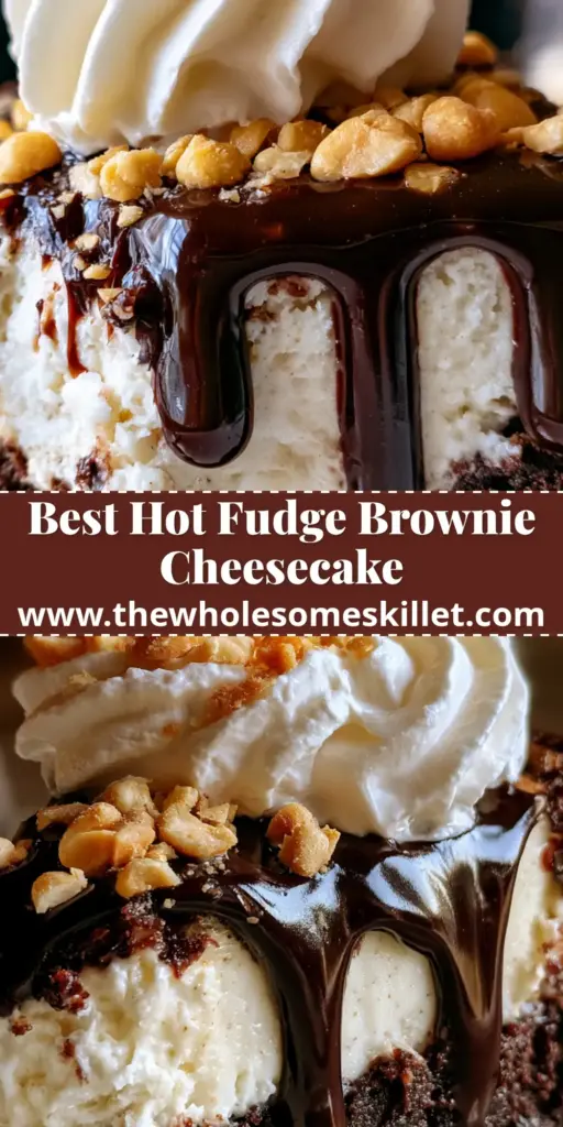 Brownie Cheesecake with Hot Fudge Sundae Toppings 3 A thick slice of hot fudge sundae brownie cheesecake with a dark brownie base and vanilla top. (brownie cheesecake)