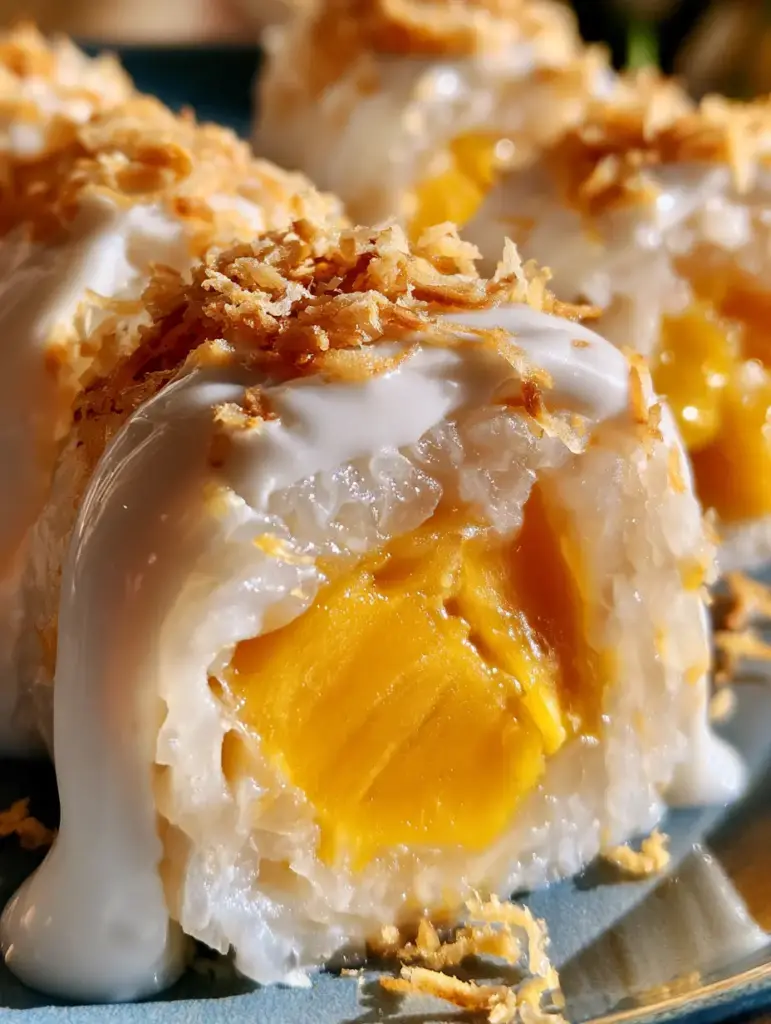 Thick coconut cream cascading over mango sticky rice rolls with toasted coconut flakes. (mango sticky rice rolls)