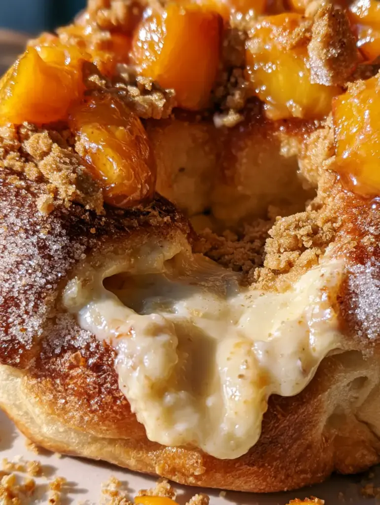 Peach Cobbler Cheesecake Donuts: The Ultimate Summer Dessert Fusion 2 Extreme macro close-up of a fluffy sugar-dusted brioche donut being pulled apart with cheesecake oozing out. (peach cobbler cheesecake donuts)