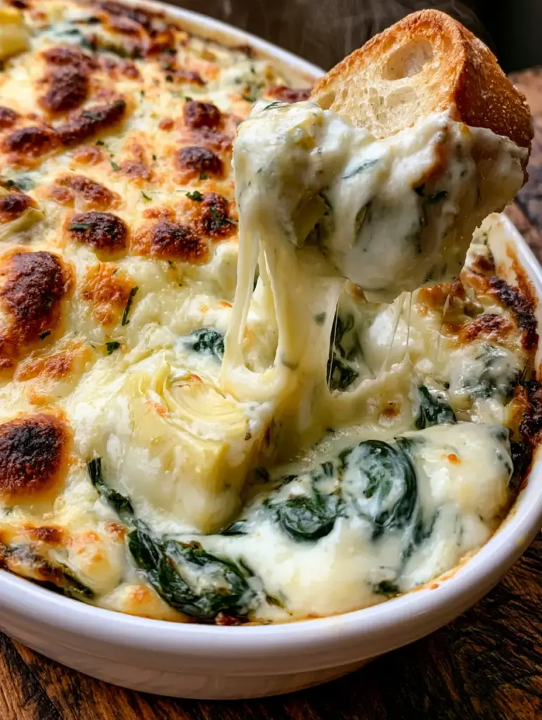 Spinach Artichoke Dip with a Bubbly Golden Mozzarella Crust 2 Macro close-up of charred mozzarella crust on spinach artichoke dip. (spinach artichoke dip)