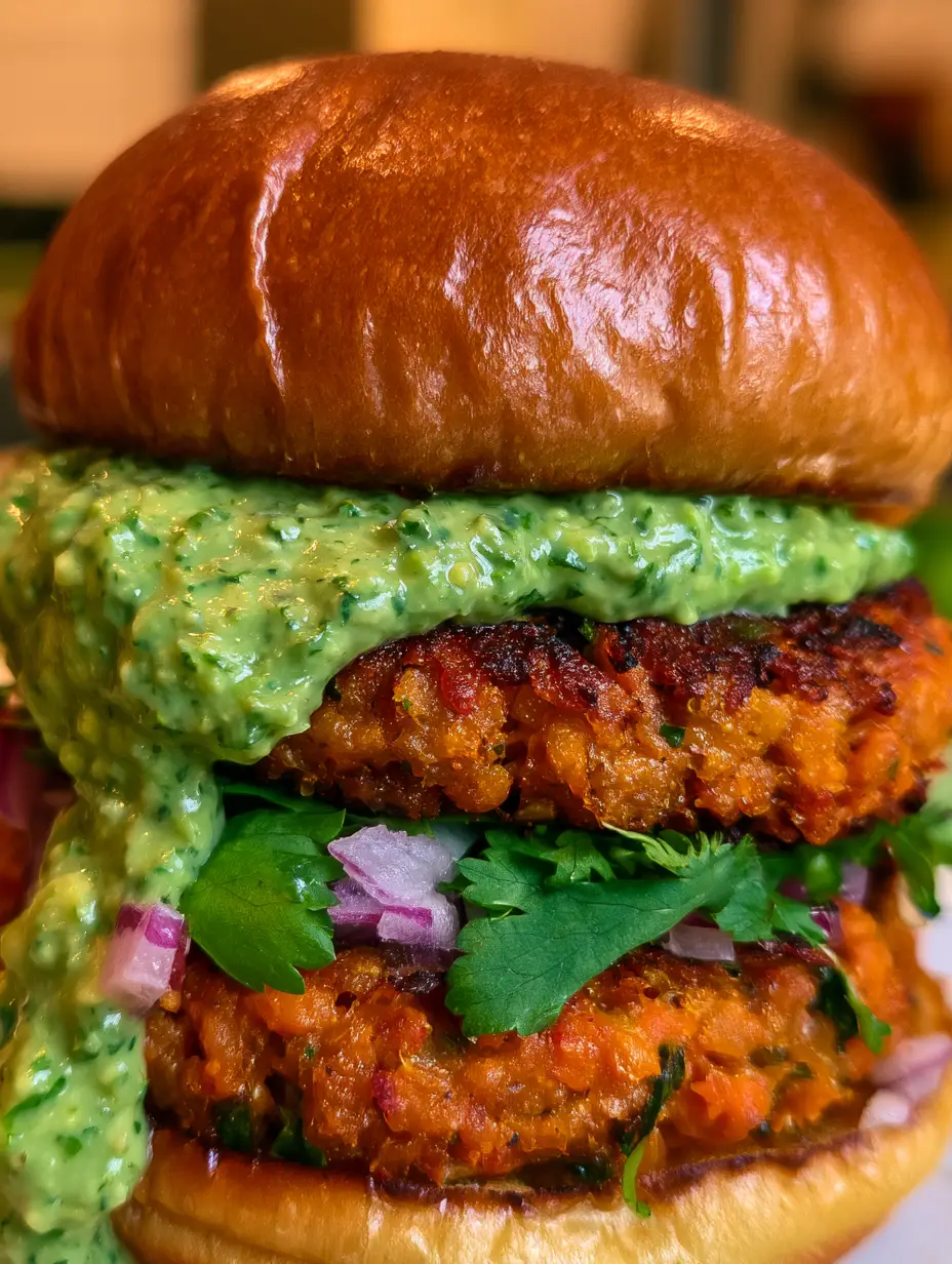 Close-up of a glistening sweet potato lentil patty with thick green crema dripping down the side of a toasted bun.