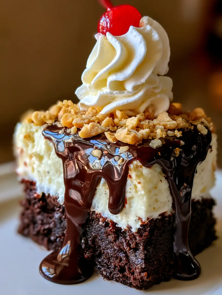 Brownie Cheesecake with Hot Fudge Sundae Toppings 4 Macro shot of a brownie cheesecake slice with glossy chocolate fudge dripping down the side. (brownie cheesecake)