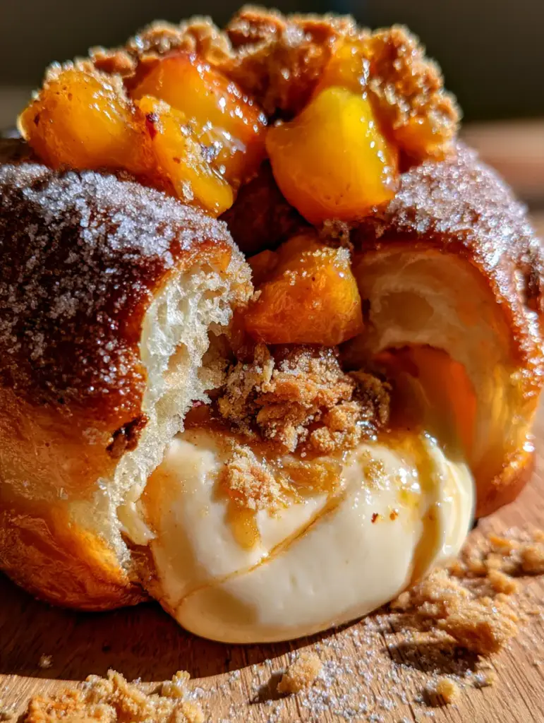Peach Cobbler Cheesecake Donuts: The Ultimate Summer Dessert Fusion 1 Close up of fresh diced peaches and graham cracker crumble on top of a sugar-dusted donut. (peach cobbler cheesecake donuts)