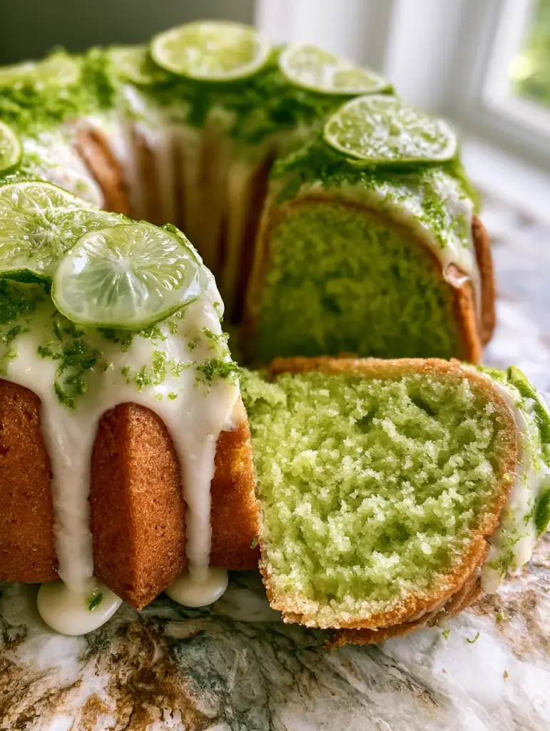 Key Lime Bundt Cake: The Ultimate Moist and Zesty Tropical Dessert 1 A slice removed from the Key Lime Bundt Cake revealing a moist neon-green interior crumb. (key lime bundt cake)