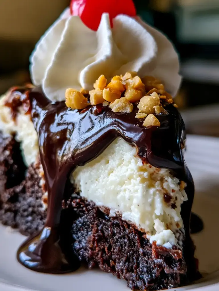 Brownie Cheesecake with Hot Fudge Sundae Toppings 1 Close up of whipped cream swirl and toasted peanuts on a brownie cheesecake. (brownie cheesecake)