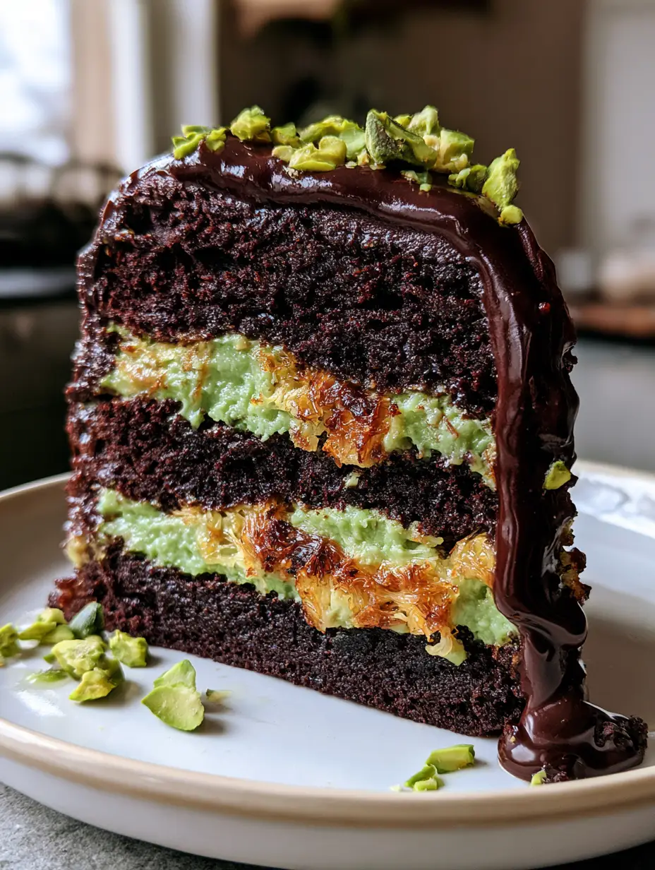 Pistachio Kunafa Chocolate Cake: The Ultimate Dubai-Inspired Dessert 3 Extreme close-up of a thick slice of Dubai chocolate pistachio cake on a white ceramic plate. (pistachio kunafa chocolate cake)