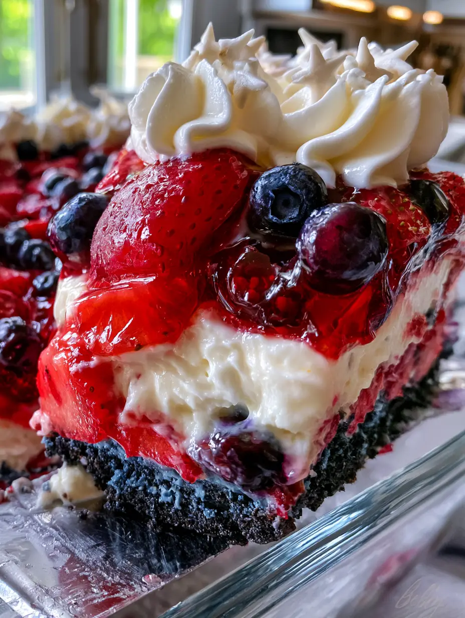 Macro photo of berry dessert lasagna being lifted from a glass pan with vibrant fruit topping and white mousse.