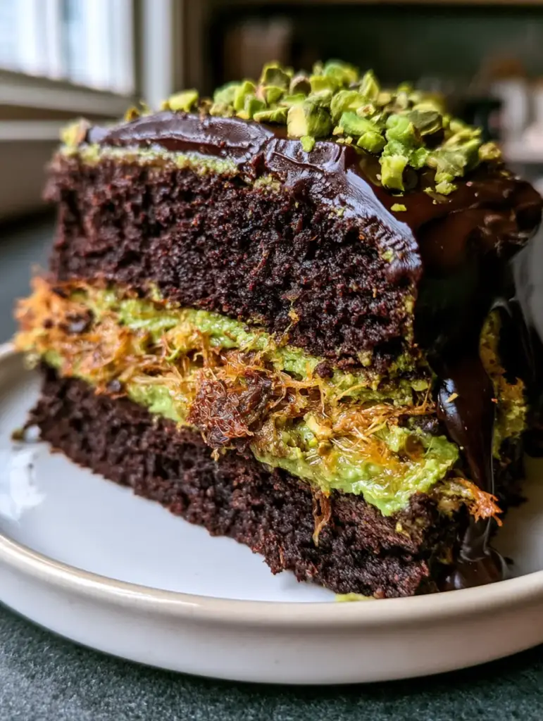 Pistachio Kunafa Chocolate Cake: The Ultimate Dubai-Inspired Dessert 1 Close-up showing the glossy dark chocolate ganache dripping down a slice of pistachio kunafa chocolate cake.