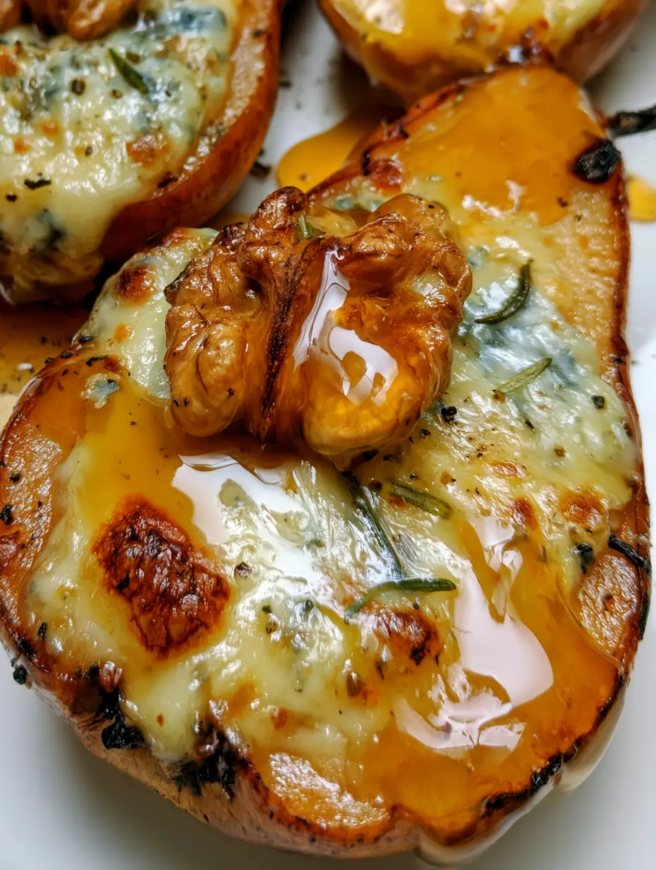Honey Roasted Pears with Gorgonzola, Walnuts, and Fresh Rosemary 4 Extreme macro photography of honey roasted pears showing bubbling melted blue cheese and a golden toasted walnut half.