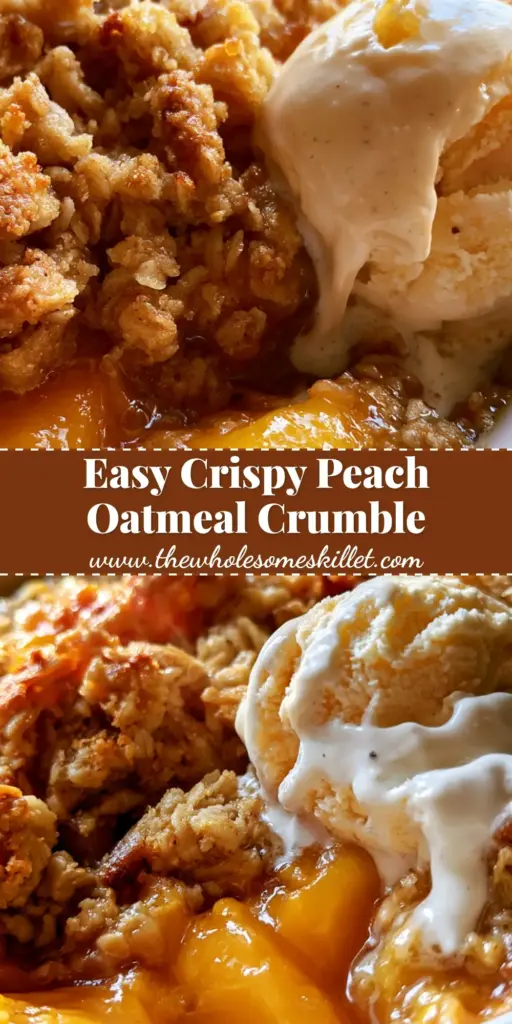Peach Crumble with Crispy Oat Topping and Melting Vanilla Bean Ice Cream 4 A piping hot peach crumble in a white ceramic dish with melting vanilla bean ice cream and golden oatmeal topping.