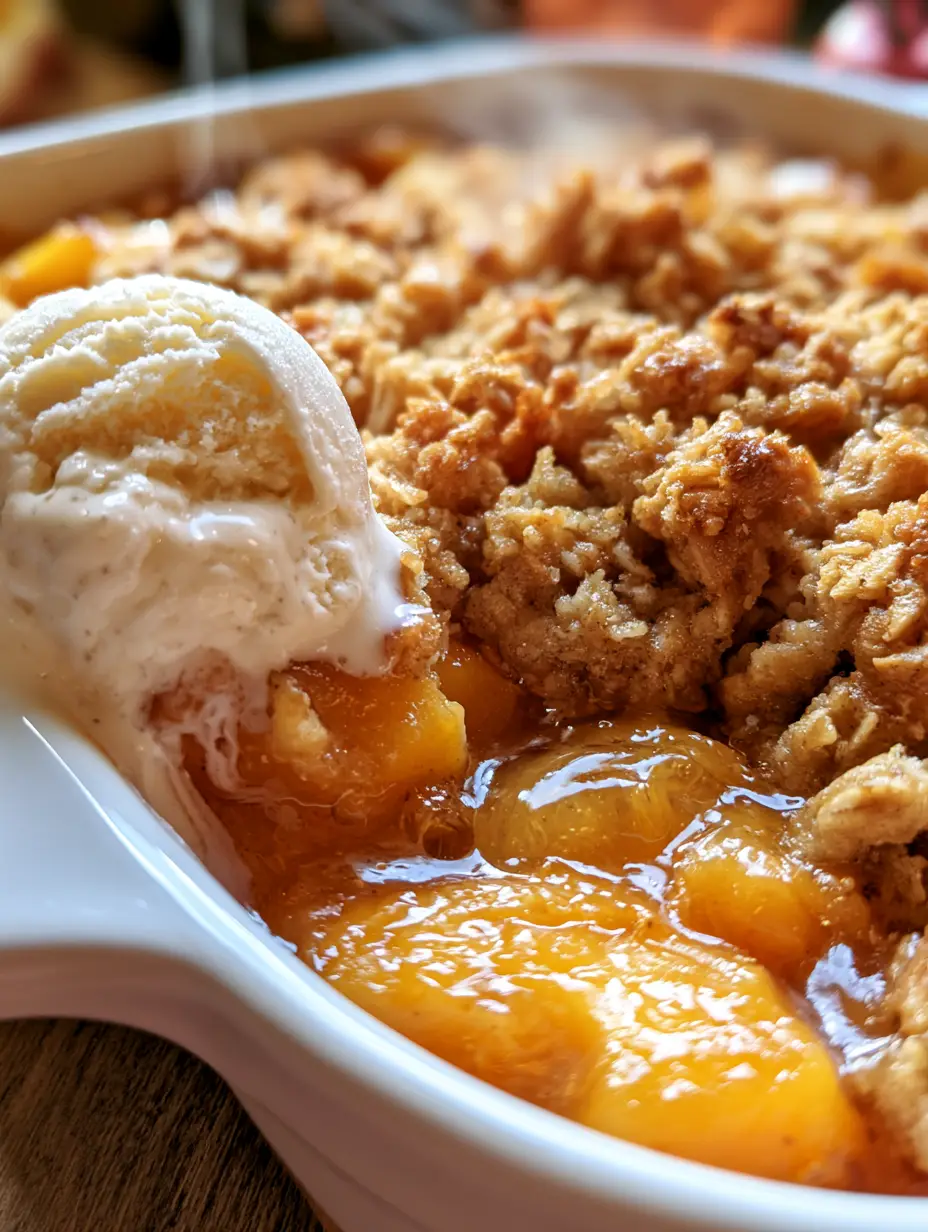 Peach Crumble with Crispy Oat Topping and Melting Vanilla Bean Ice Cream 3 Close-up of bubbling orange peaches and crispy oatmeal topping in a peach crumble.