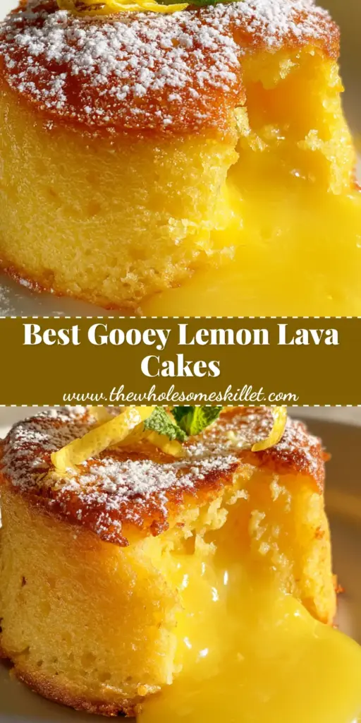 A close-up of a warm lemon lava cake on a white plate with a bite taken out, showing the bright yellow oozing curd center. (lemon lava cakes)